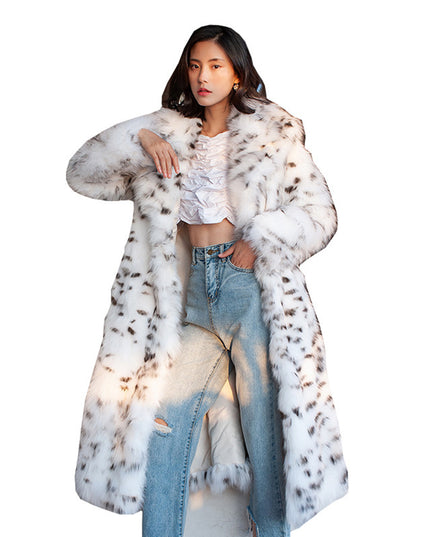 Ladies Fur Jacket Faux Fox Fur Coat Black Dot Leopard Print Long Suit