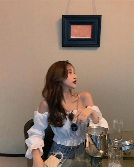 Korean Style One-Shoulder Wooden Ear Chiffon Blouse Ladies Long-Sleeved Shirt