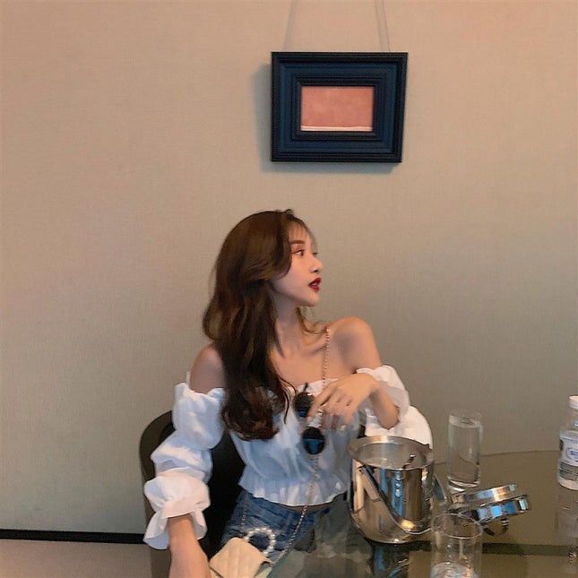 Korean Style One-Shoulder Wooden Ear Chiffon Blouse Ladies Long-Sleeved Shirt