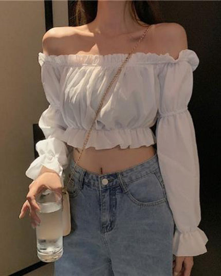 Korean Style One-Shoulder Wooden Ear Chiffon Blouse Ladies Long-Sleeved Shirt