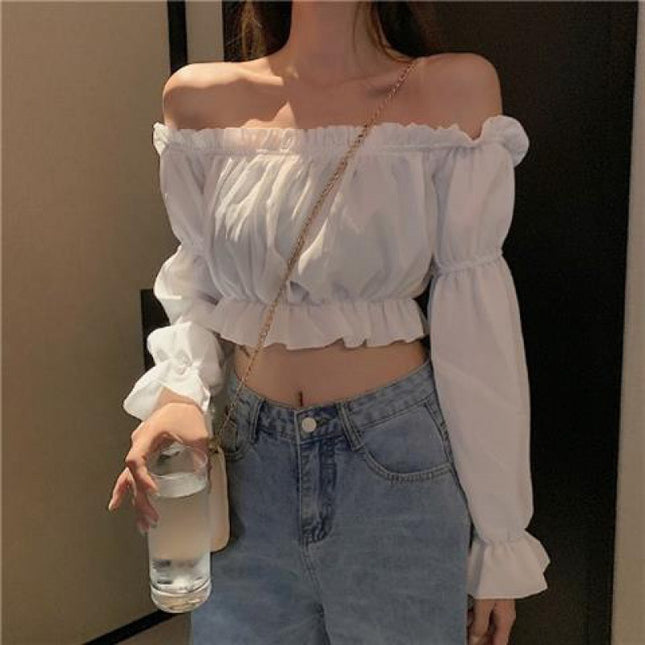 Korean Style One-Shoulder Wooden Ear Chiffon Blouse Ladies Long-Sleeved Shirt