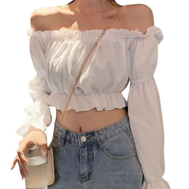Korean Style One-Shoulder Wooden Ear Chiffon Blouse Ladies Long-Sleeved Shirt