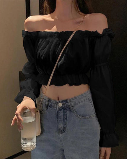 Korean Style One-Shoulder Wooden Ear Chiffon Blouse Ladies Long-Sleeved Shirt