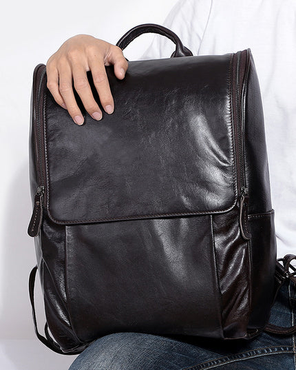 Business Men's Leather Backpack Large Capacity 15.6-Inch Computer Backpack Top Layer Leather Retro Backpack