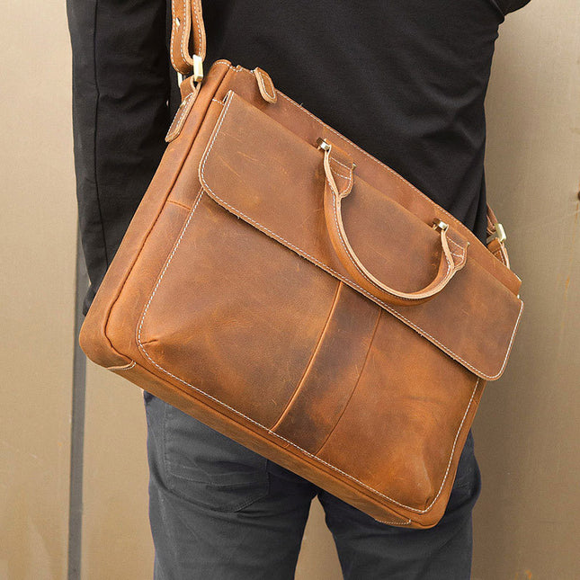 Retro Crazy Horse Leather Crossbody Briefcase | Men’s Cowhide, 15-Inch Laptop Compatible