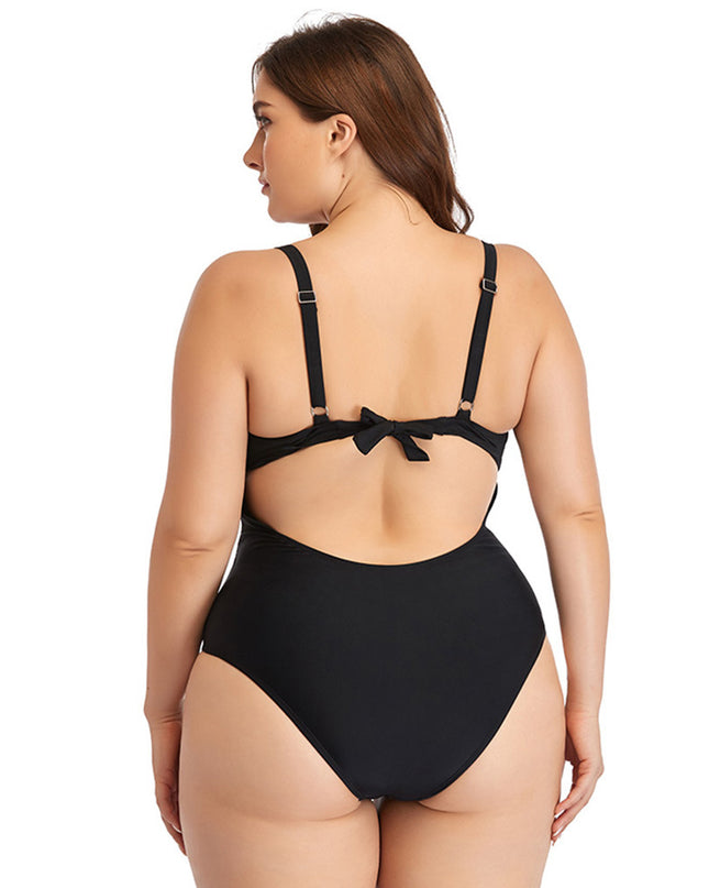 Large Size Swimsuit Women's One-Piece Plus Fat Mesh Hollow Plain Color