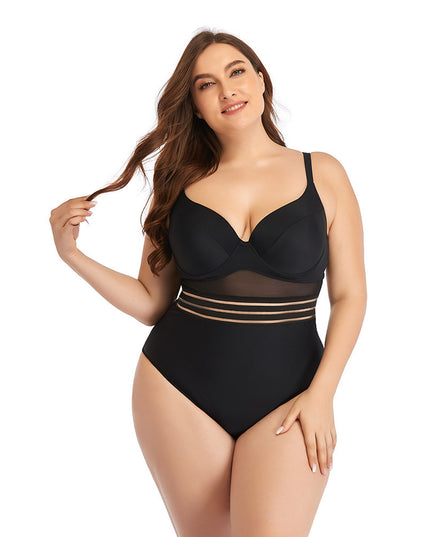 Large Size Swimsuit Women's One-Piece Plus Fat Mesh Hollow Plain Color