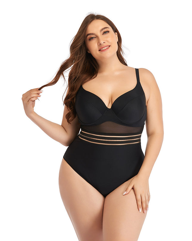 Large Size Swimsuit Women's One-Piece Plus Fat Mesh Hollow Plain Color