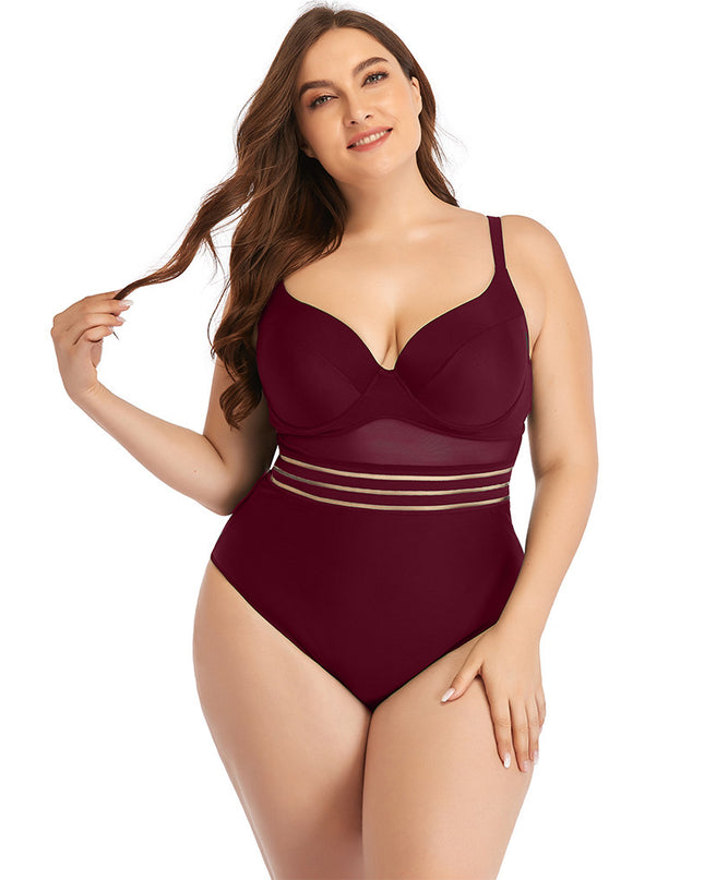 Large Size Swimsuit Women's One-Piece Plus Fat Mesh Hollow Plain Color