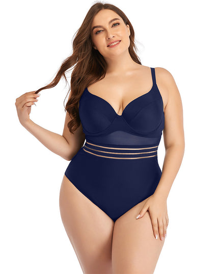 Large Size Swimsuit Women's One-Piece Plus Fat Mesh Hollow Plain Color
