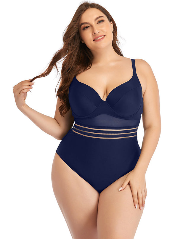 Large Size Swimsuit Women's One-Piece Plus Fat Mesh Hollow Plain Color