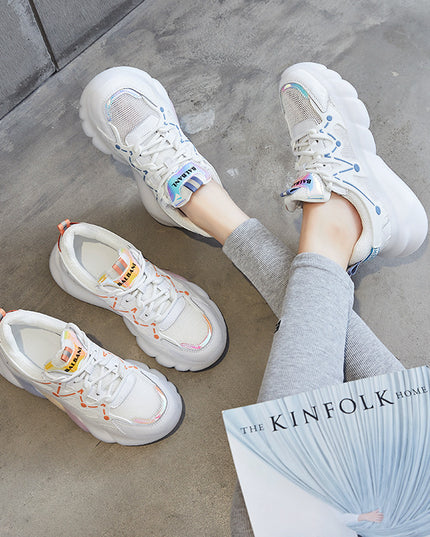 Mesh Old Shoes Female Leather Spring New Casual Rainbow Bottom Sports Shoes Breathable Running Shoes Single Shoes