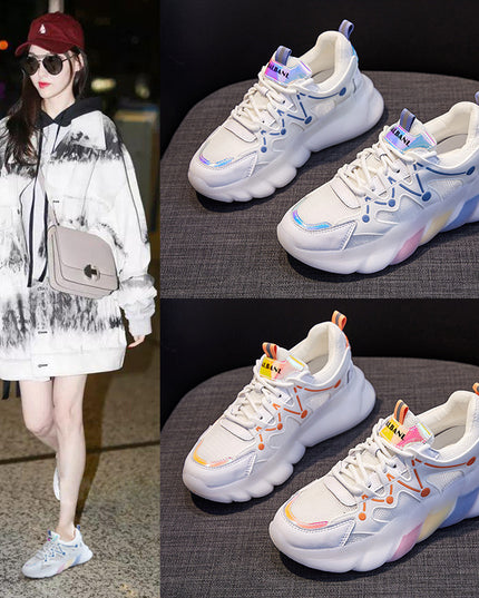 Mesh Old Shoes Female Leather Spring New Casual Rainbow Bottom Sports Shoes Breathable Running Shoes Single Shoes