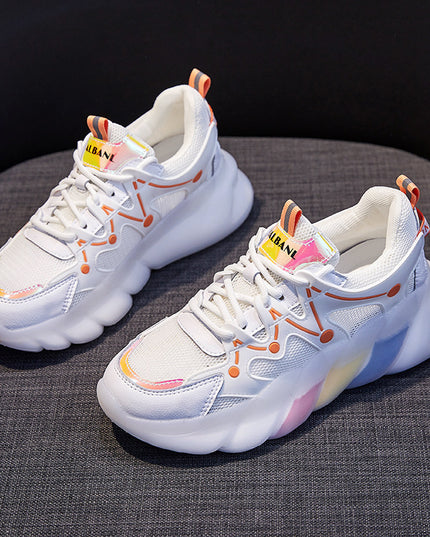 Mesh Old Shoes Female Leather Spring New Casual Rainbow Bottom Sports Shoes Breathable Running Shoes Single Shoes