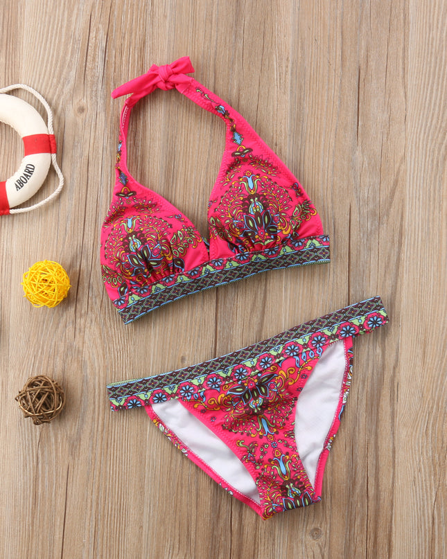 European And American Foreign Single Sexy Bikini Ethnic Style Print Halter Retro Classic Triangle Bikini Swimsuit Women
