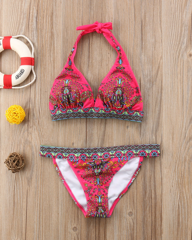 European And American Foreign Single Sexy Bikini Ethnic Style Print Halter Retro Classic Triangle Bikini Swimsuit Women
