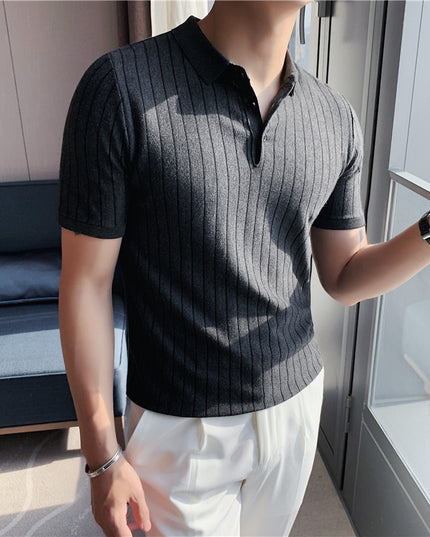 Lapel Tight-fitting Striped Stretch Short-sleeved T-shirt