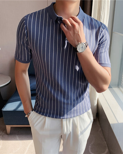 Lapel Tight-fitting Striped Stretch Short-sleeved T-shirt