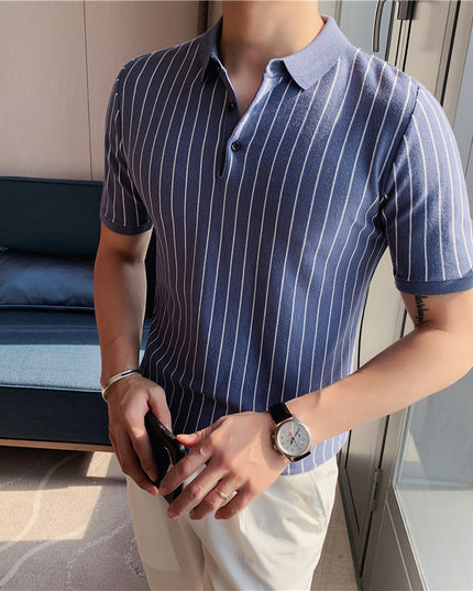 Lapel Tight-fitting Striped Stretch Short-sleeved T-shirt