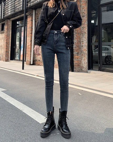 Gray-Black Jeans Women'S Slim High Waist Slimming New Pants With Tight Feet