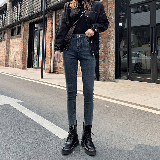 Gray-Black Jeans Women'S Slim High Waist Slimming New Pants With Tight Feet