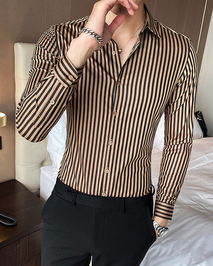 British Striped Slim-fit Square-neck Long-sleeved Shirt