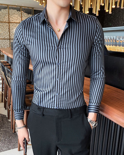 British Striped Slim-fit Square-neck Long-sleeved Shirt