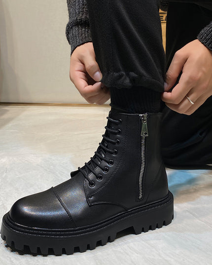 British Style Martin Boots Side Zipper Motorcycle Boots Men'S Boots Plus Velvet Cotton Boots Thick-Soled Mid-Tube Boots