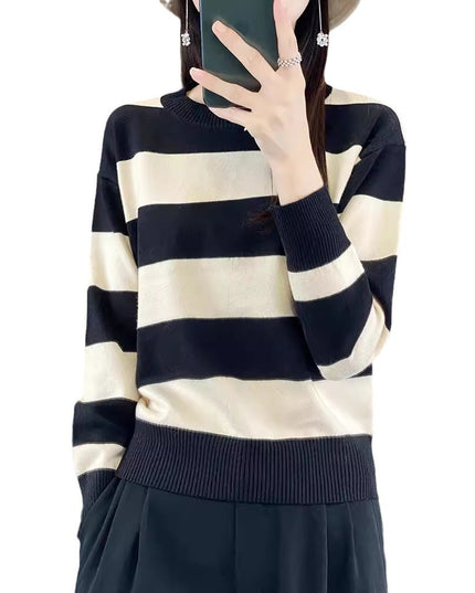 Women's Round Neck Sweater Loose-fitting Striped Long Sleeves
