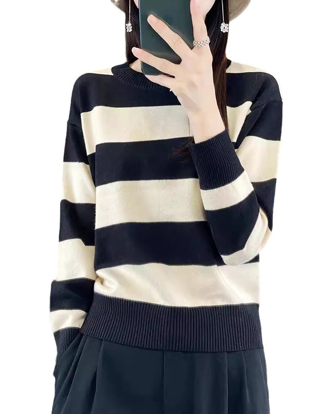Women's Round Neck Sweater Loose-fitting Striped Long Sleeves