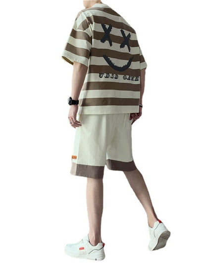 Summer New Style Hong Kong Style Striped Loose Casual Men's Sports Suit