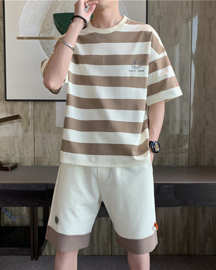 Summer New Style Hong Kong Style Striped Loose Casual Men's Sports Suit