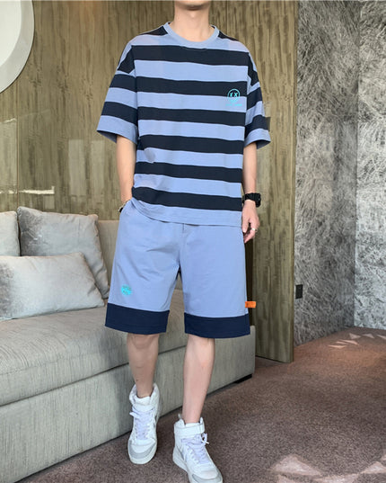 Summer New Style Hong Kong Style Striped Loose Casual Men's Sports Suit