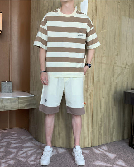 Summer New Style Hong Kong Style Striped Loose Casual Men's Sports Suit