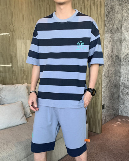 Summer New Style Hong Kong Style Striped Loose Casual Men's Sports Suit