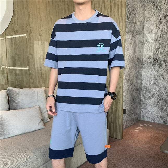 Summer New Style Hong Kong Style Striped Loose Casual Men's Sports Suit