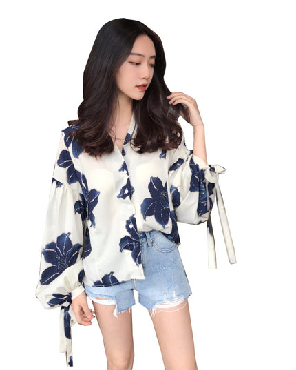 Hong Kong-Style Retro Lantern Sleeve Floral Chiffon Shirt