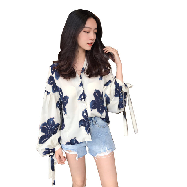 Hong Kong-Style Retro Lantern Sleeve Floral Chiffon Shirt