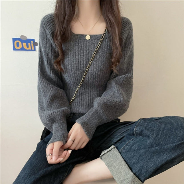 Western Style Low Collar Long Sleeves Top Slim-fit Sweater