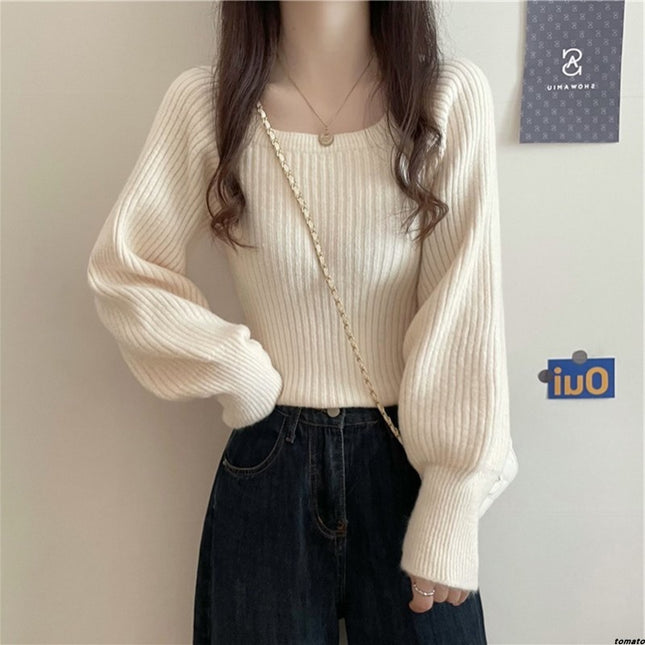 Western Style Low Collar Long Sleeves Top Slim-fit Sweater