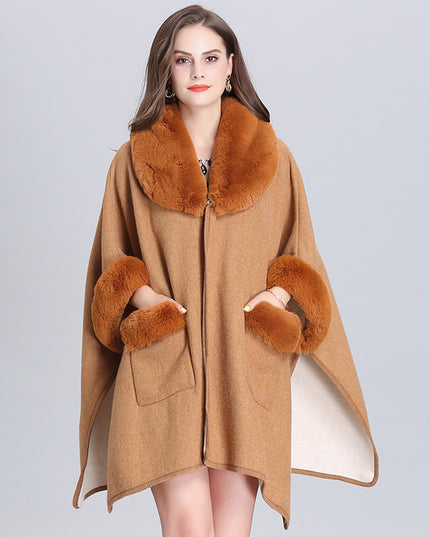 Ladies Fur Collar Lapel Pocket Wool Cardigan Jacket