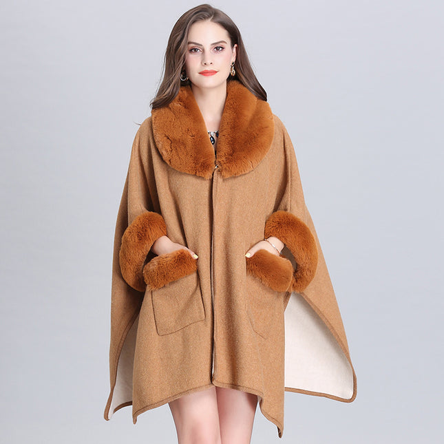 Ladies Fur Collar Lapel Pocket Wool Cardigan Jacket