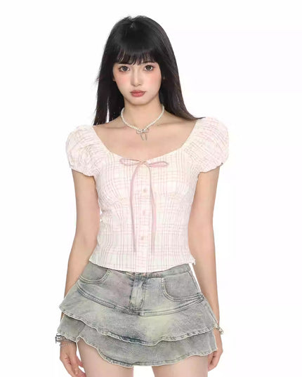 Women's Puff Sleeve Bow Bandage Short-sleeved T-shirt
