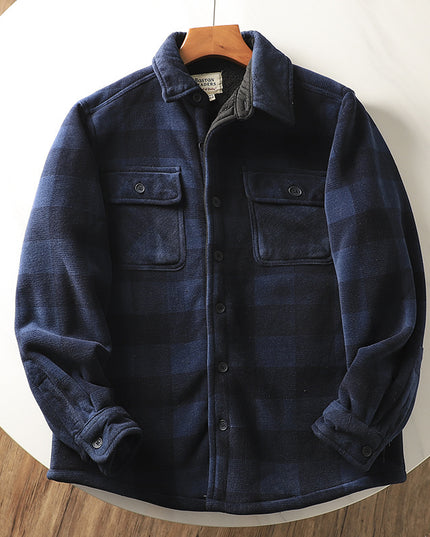 Fleece Lined Padded Warm Keeping Loose Lamb Wool Plaid Shirt