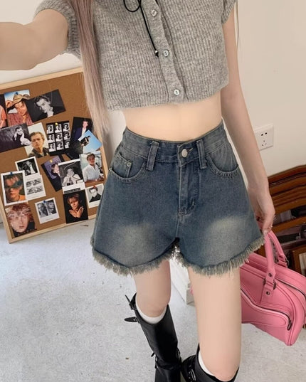 American Style Fringed Burr Denim Shorts Slimming And Wide Leg High Waist Loose