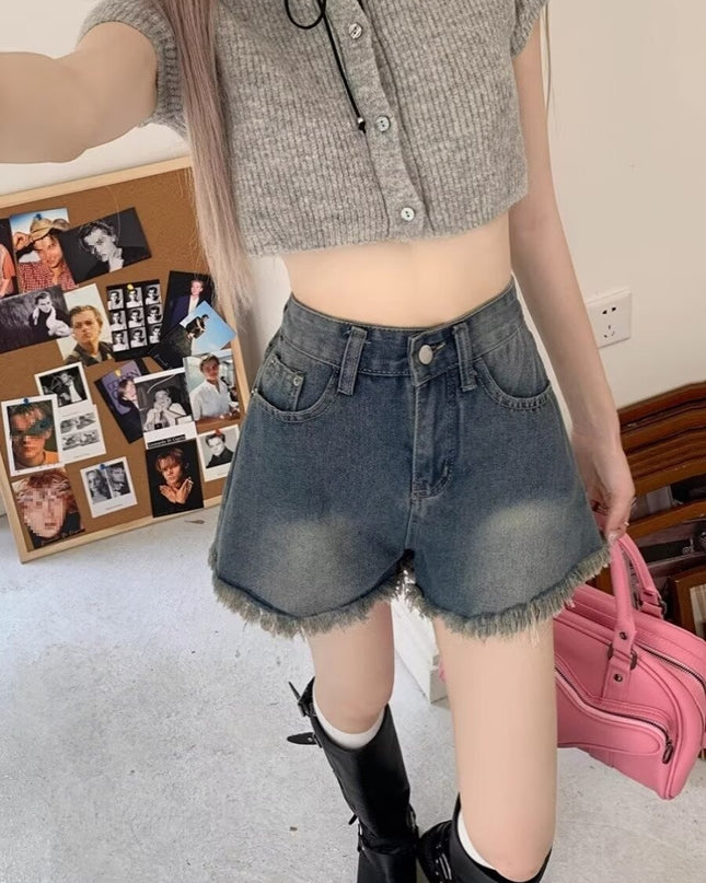 American Style Fringed Burr Denim Shorts Slimming And Wide Leg High Waist Loose