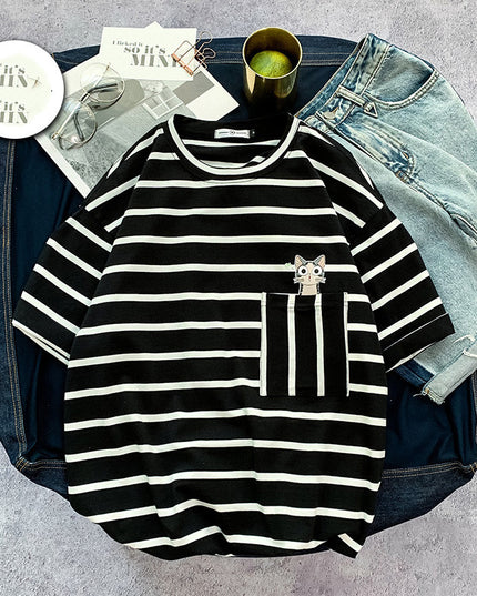Men's Striped short sleeve T-shirt fat trend to add fat