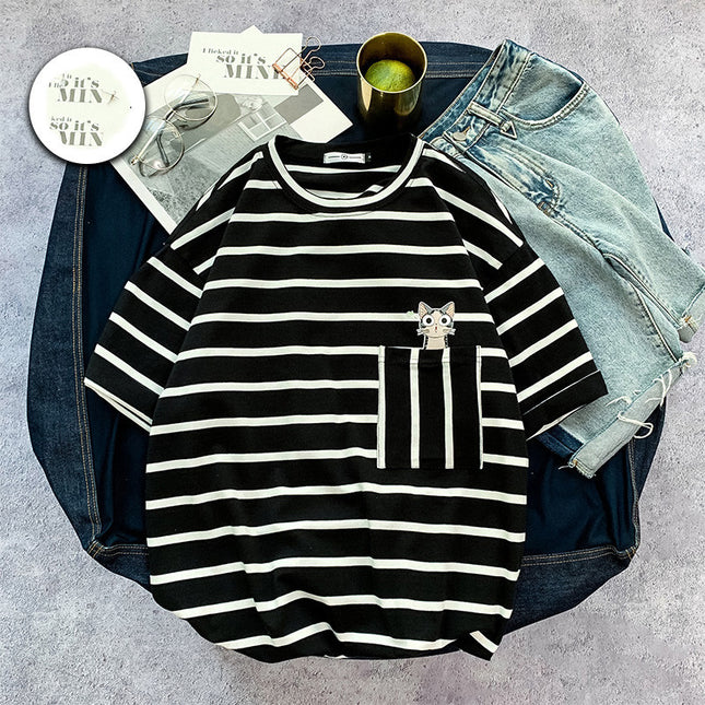 Men's Striped short sleeve T-shirt fat trend to add fat