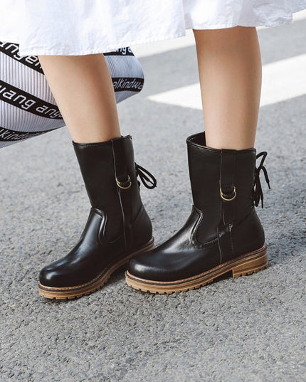 Lace-up round toe low-heel square heel boots
