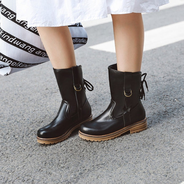 Lace-up round toe low-heel square heel boots